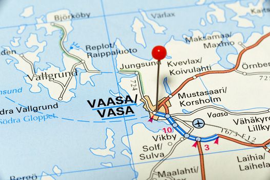 Closeup map of Vasa. Vasa a city in Finland.