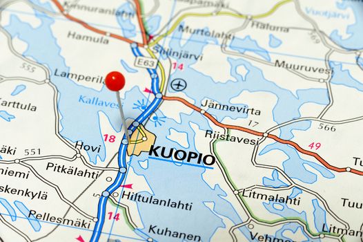 Closeup map of Kuopio. Kuopio a city in Finland.