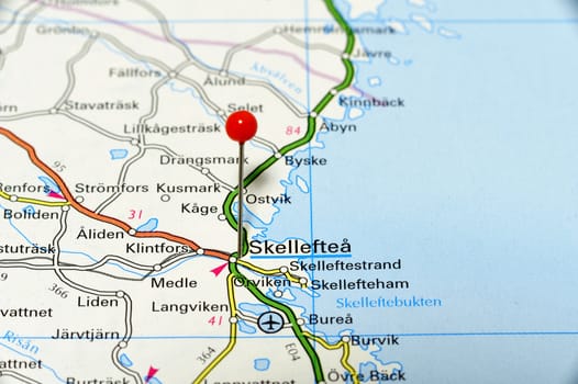 Closup map of Skellefteå. Skellefteå a city in Sweden.