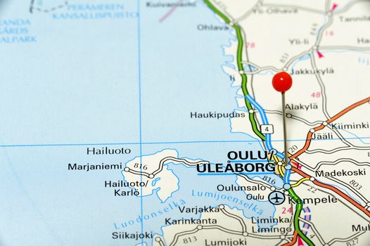 Closeup map of Oulu. Oulu a city in Finland.