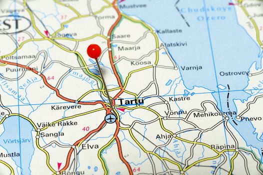 Closeup map of Tartu. Tartu a city in Finland.