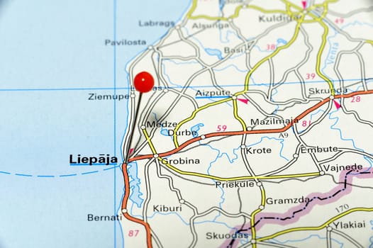 Closeup map of Liepaja. Liepaja a city in Latvia.