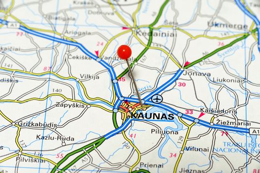 Closeup map of Kaunas. Kaunas a city in Latvia.