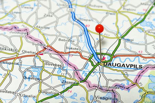 Closeup map of Daugavpils. Daugavpils a city in Latvia.