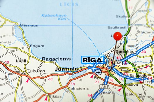 Closeup map of Riga. Riga a city in Latvia.