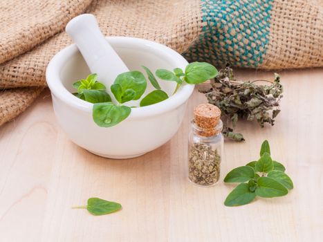 Fresh oregano and dry with mortar on a wooden background.