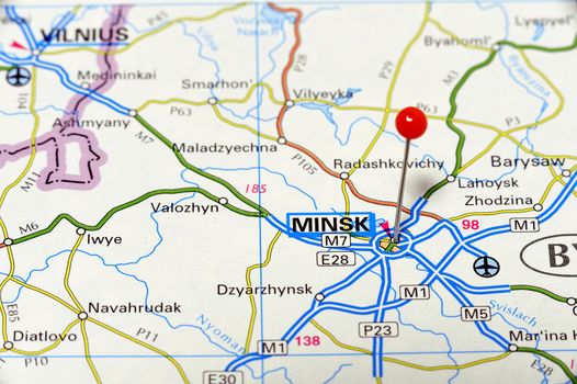 Closeup map of Minsk. Minsk a city in Belarus.