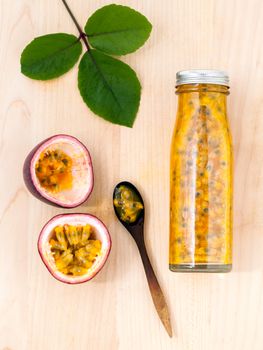 Fresh passion fruit and juice in the bottle for healthy and refresh.