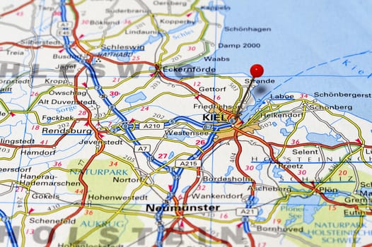 Closeup map of Kiel. Kiel is the capital of the north German state of Schleswig-Holstein in Germany.