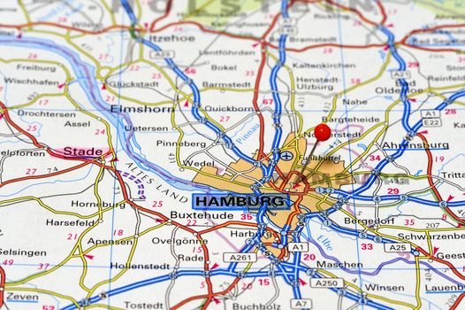 Closeup map of Hamburg. Hamburg a city in Germany.