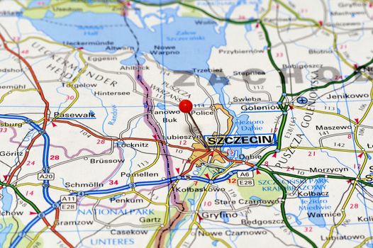 Closeup map of Szczecin the northwest of Poland.