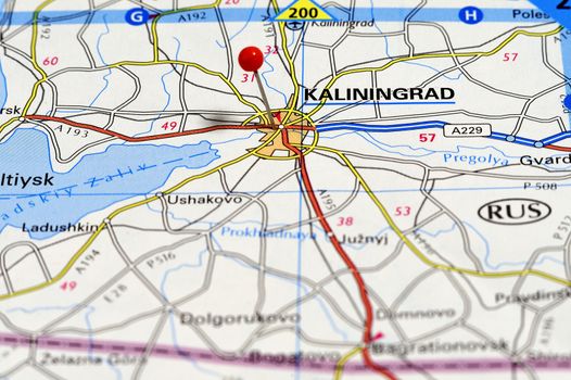 Closeup map of Kaliningrad. Kaliningrad a city in Russia.