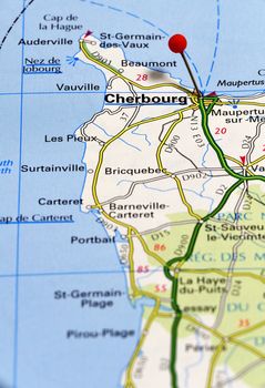 Closeup map of Cherbourg, a city in France.