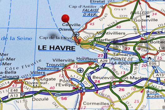 Closeup map of Le Havre. Le Havre a city in France.