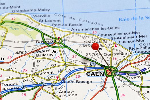 Closeup map of Caen. Caen a city in France.