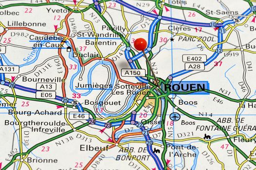 Closeup map of Rouen. Rouen a city in France