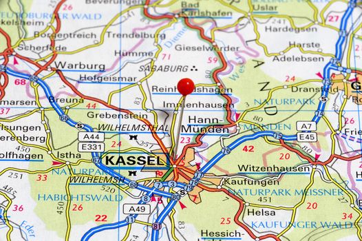 Closeup map of Kassel. Kassel is a city in Germany.