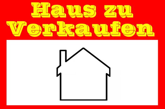 Red sign with inscription, house for sale and house icon. Panel for real estate agents.