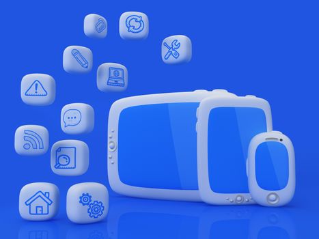 Tablet, mini tablet and touchscreen smartphone with cloud of application icons 
Note: All Devices design and all screen interface graphics in this series are designed by the contributor him self.