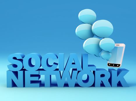Social network concept. Smartphone with speech bubbles. 3D Render