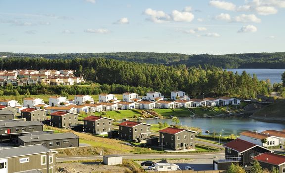 Homes with Pond. Scene of prime real estate community. Living in serenity.