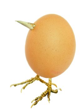Chicken egg as bird with legs and beak isolated on white background