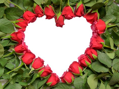 Heart made of red roses with stem and green leaves