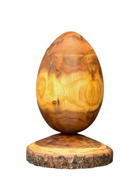 Wooden egg made of acacia tree with bark isolated on white background