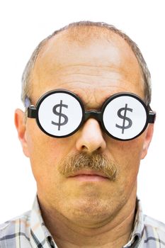 Man wearing spectacles with dollar signs on his glasses