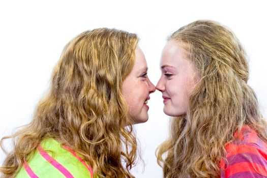 Two european teenage sisters noses touching isolated on white background