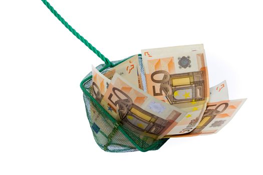 Fishing net filled with fifty euro notes isolated on white background