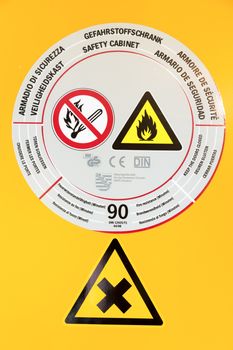 Sticker on safety cabinet for chemicals used in chemistry or industry