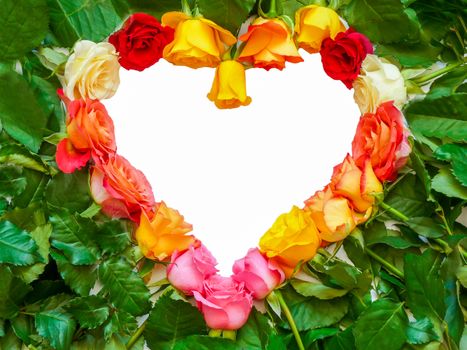 Heart symbol of various colorful roses with green leaves and empty white space for text