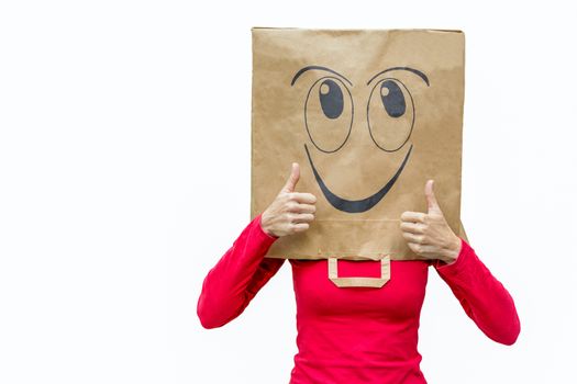 Happy woman holding thumbs up isolated on white background