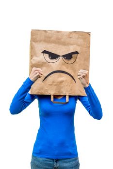 Angry woman with frustrated expression on paper bag showing fists