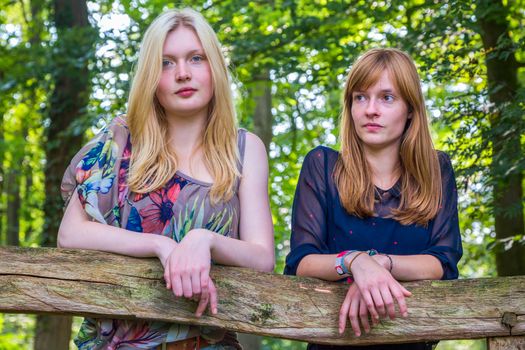 Two european teenage girls leaning on wooden fence in nature