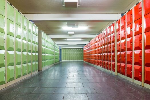 Corridor with lockers in school building to store school supplies