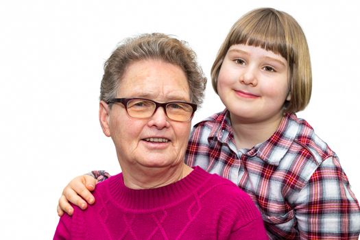 Portrait of caucasian grandmother and grandchild together isolated on white background