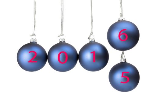 Five blue christmas balls or baubles with numbers of old and new year 2016 isolated on white background