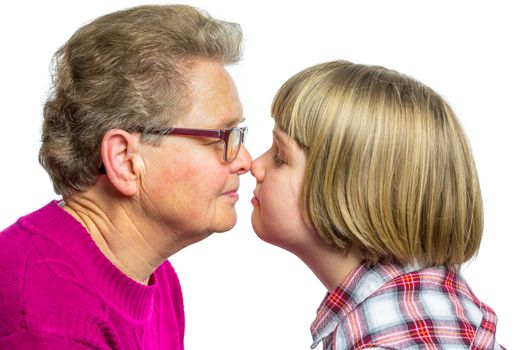 Portrait of caucasian grandmother and grandchild noses touching isolated on white background