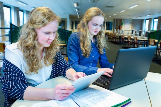 Two caucasian sisters with long hair working on computer and tablet in computer classroom