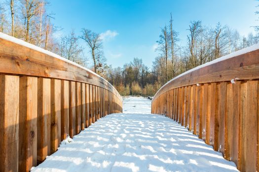 Snow on wooden bridge in forest landscape during winter season