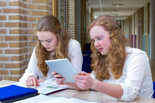 Two caucasian teenage girlfriends studying in long corridor of school building