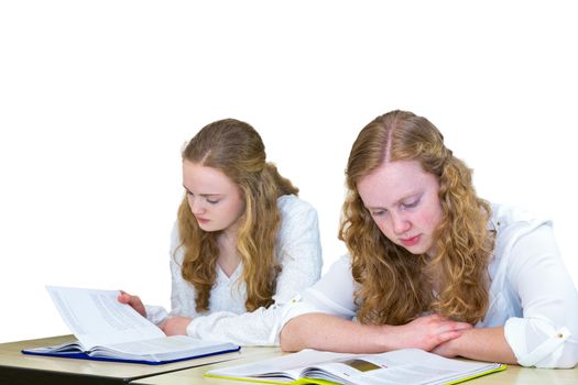 Two caucasian teenage girlfriends studying school books for education isolated on white background