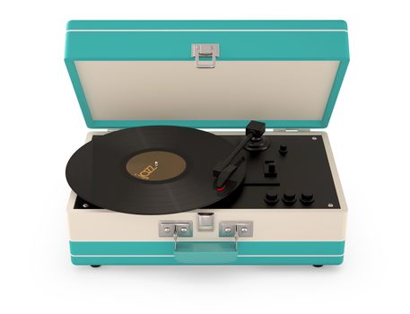 Retro portable turntable isolated on white. (3D Render)