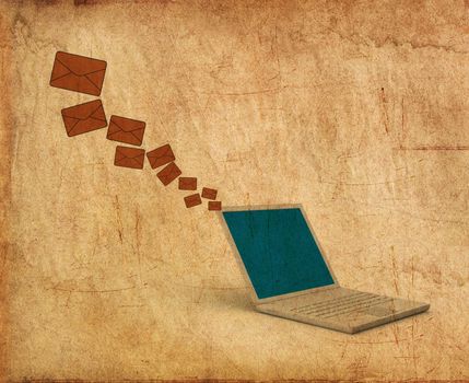 Vintage Print of Laptop sending email 