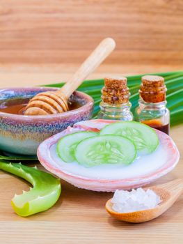 Natural Spa Ingredients . - Homemade facial masks with natural ingredients on wooden table.