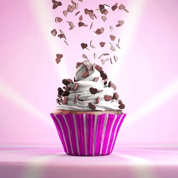 Delicious cupcake with chocolate hearts sprinkled on a whipped cream. Vintage background.