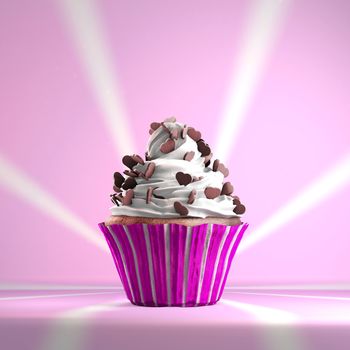 Delicious cupcake with chocolate hearts on a whipped cream. Vintage background.