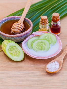 Natural Spa Ingredients . - Homemade facial masks with natural ingredients on wooden table.